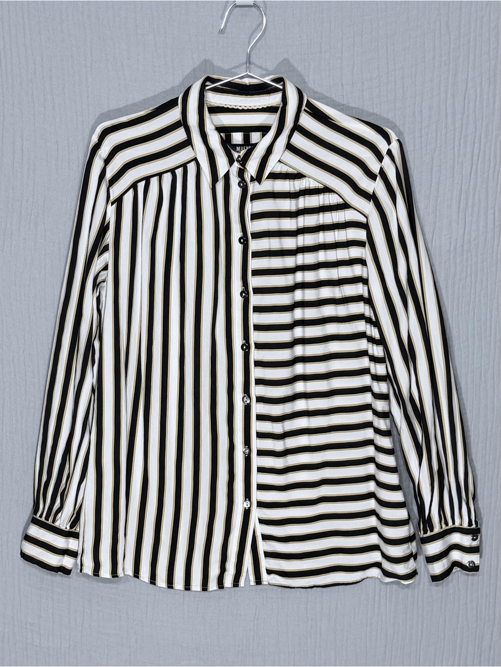 Anthropologie Maeve Black, Gold Tone White Mix Stripe Button-Down Shirt Small - Picture 2 of 7